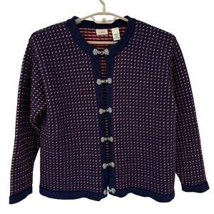 LL Bean Womens Birdseye Cardigan Sweater Jacket Metal Clasps Navy Size Large NEW